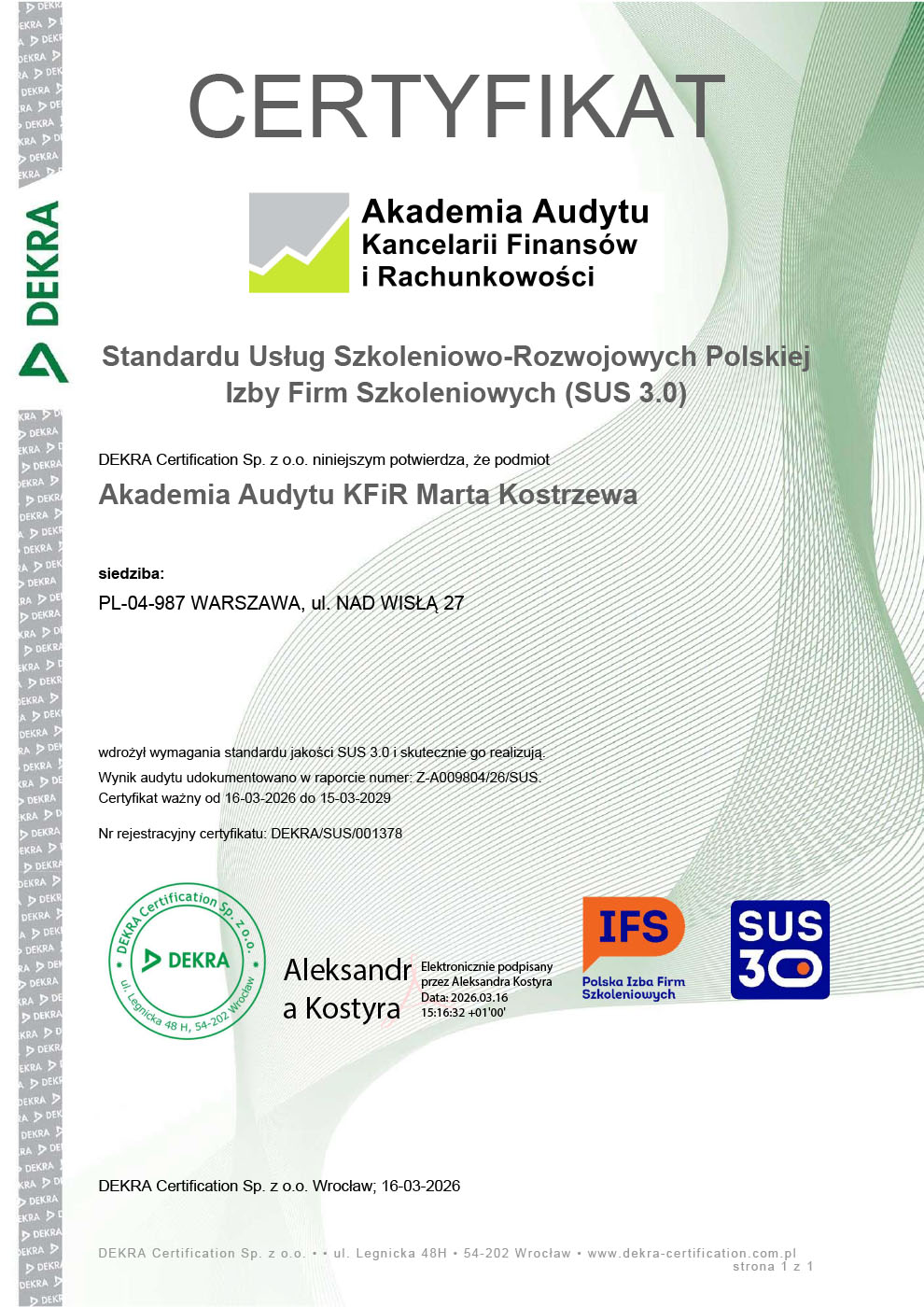 Certyfikat SUS 3.0 - Akademia Audytu Kancelarii Finansów i Rachunkowości